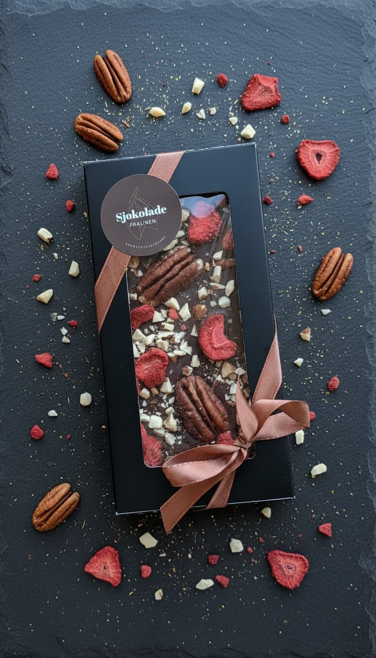 Mørksjokolade med pekan, jordbær og mandel. Vegansk