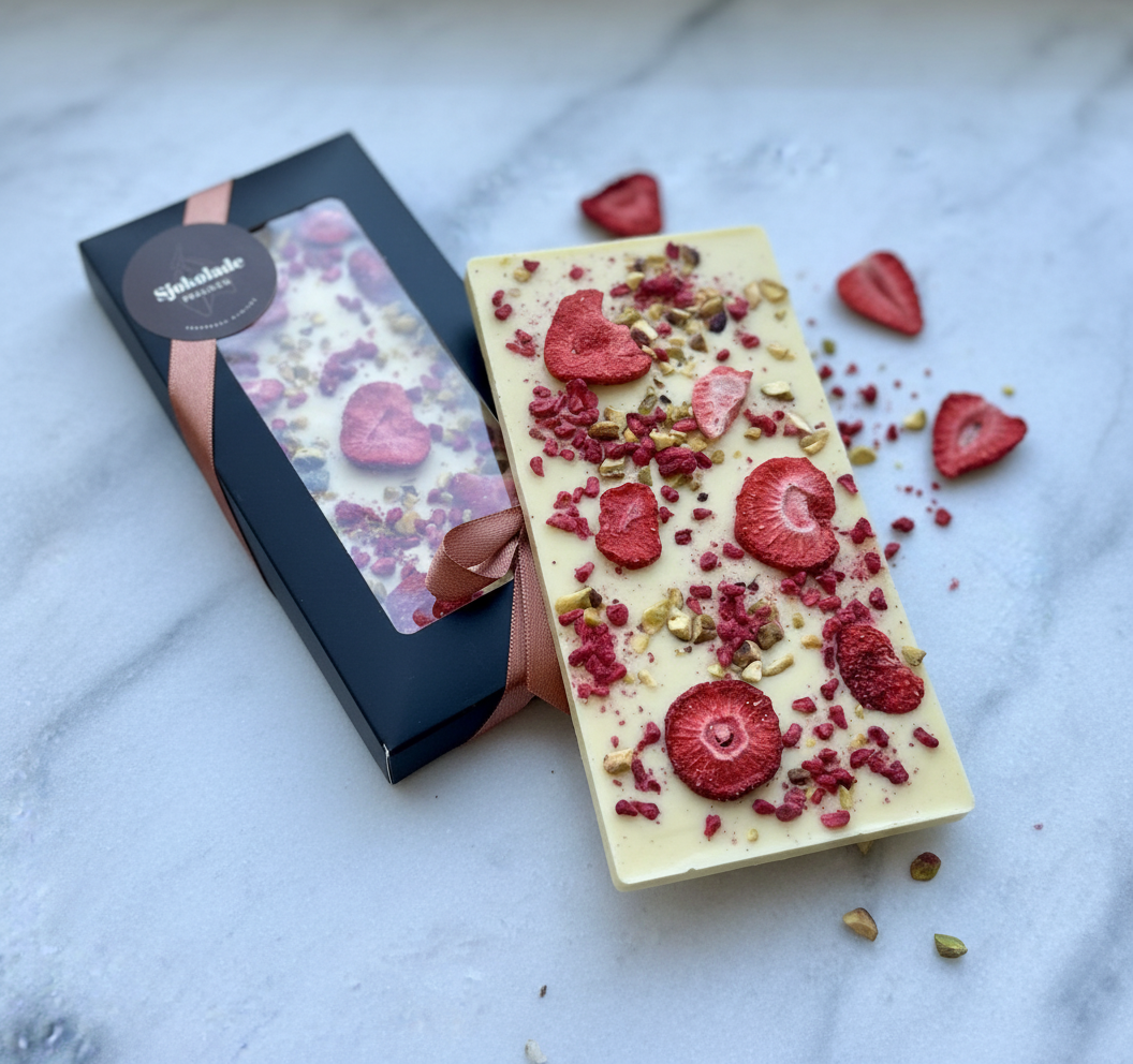 Hvitsjokolade med jordbær, bringebær og pistasjnøtter